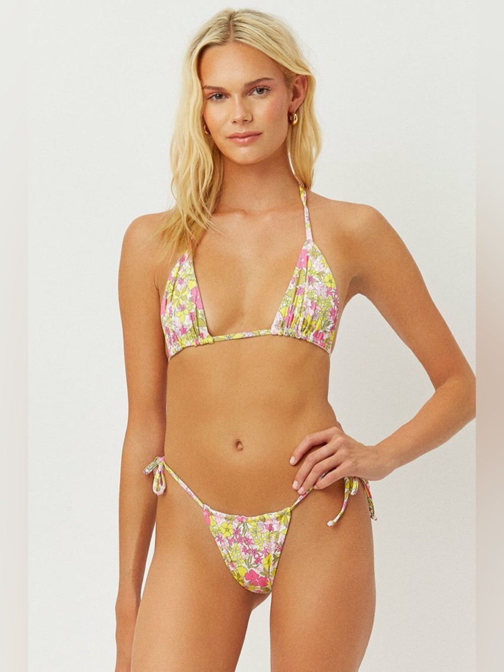 Frankie's Bikinis Pink and Yellow Floral Triangle String Bikini